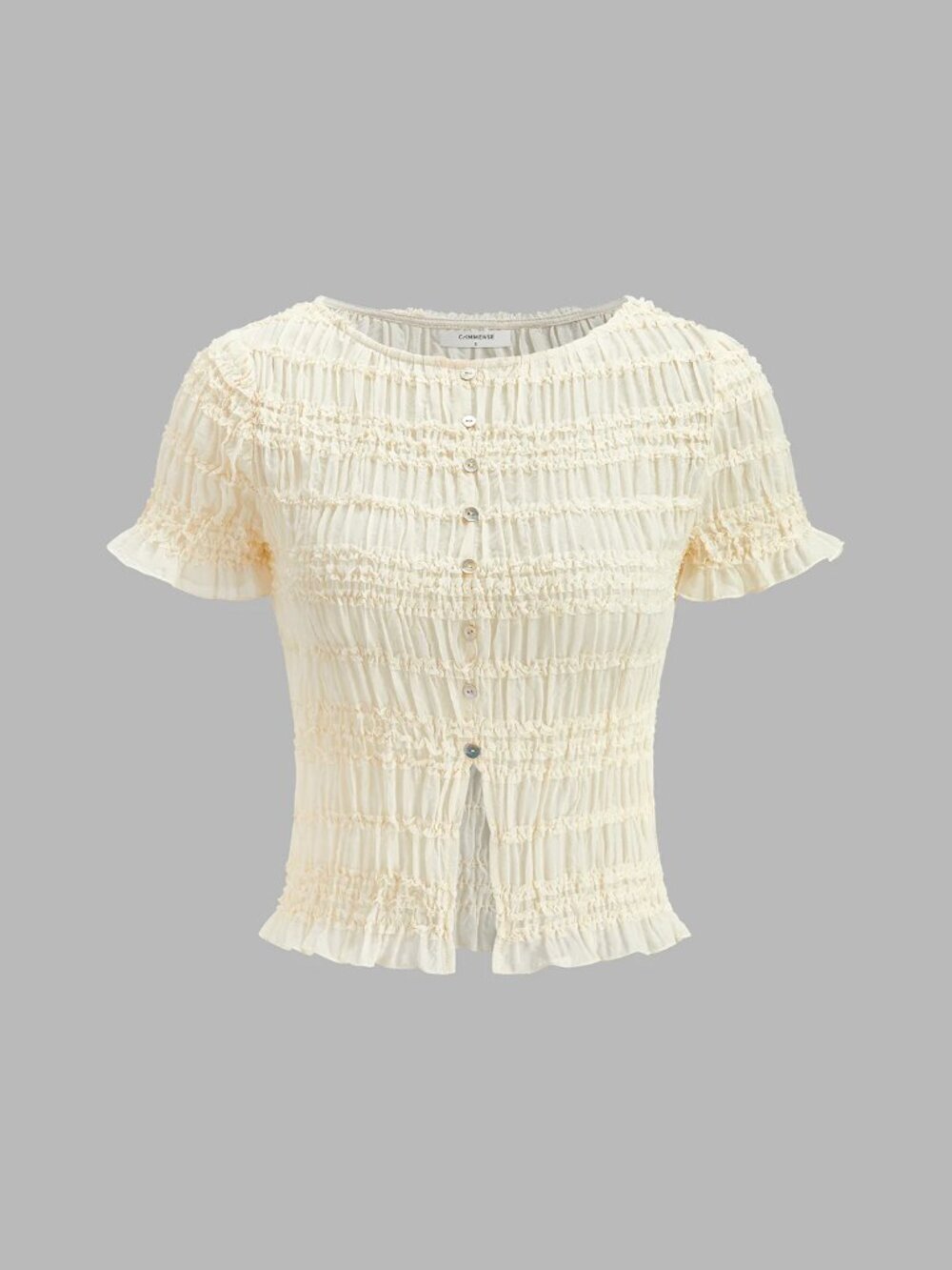 COMMENSE Ivory Ruched Chiffon Ruffled Button Front Blouse Skirt Set, Size XS - Picture 3 of 16